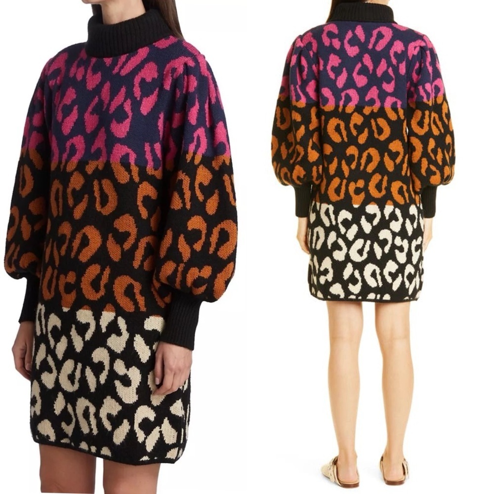 Farm Rio Mixed Leopards Striped Sweater Dress